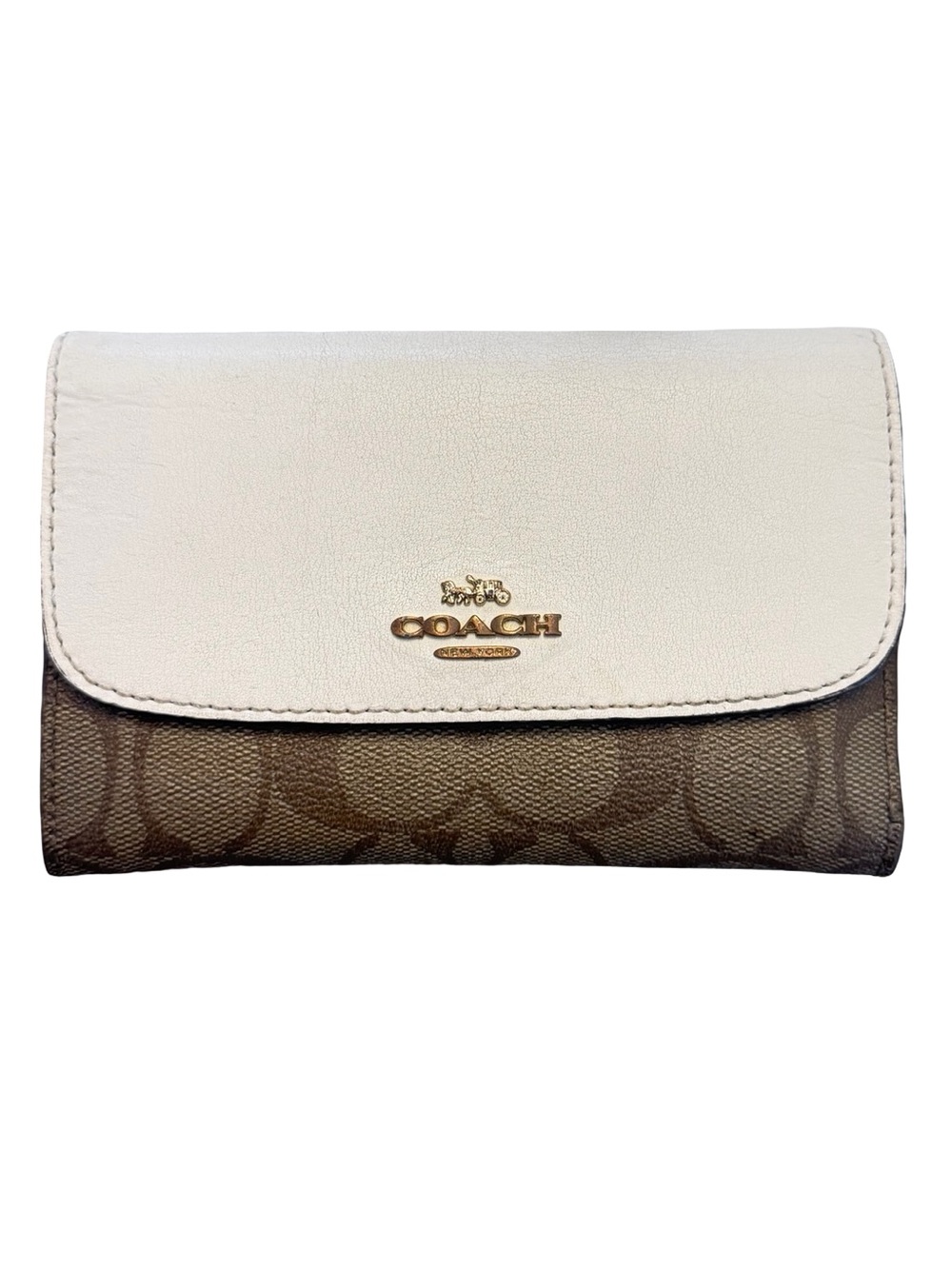 Coach Two-Tone Signature Canvas Wallet in White and Brown Mid Size